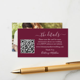 Tarjeta De Recepción Boda detalla sitio web QR Photo Burgundy