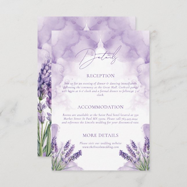 Tarjeta De Recepción Boda Detalles Acuarela Lavanda Jardín (Anverso / Reverso)