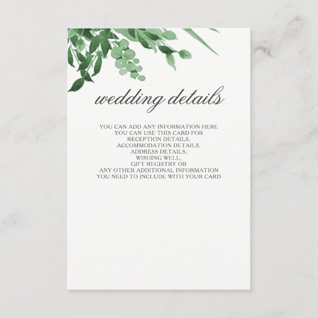 Tarjeta De Recepción Boda Detalles Cartas de gabinete Boda de verde (Anverso)