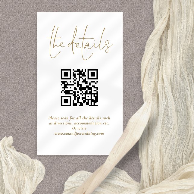Tarjeta De Recepción Boda Detalles Código QR Guión dorado (Elegant small Details card with QR code)