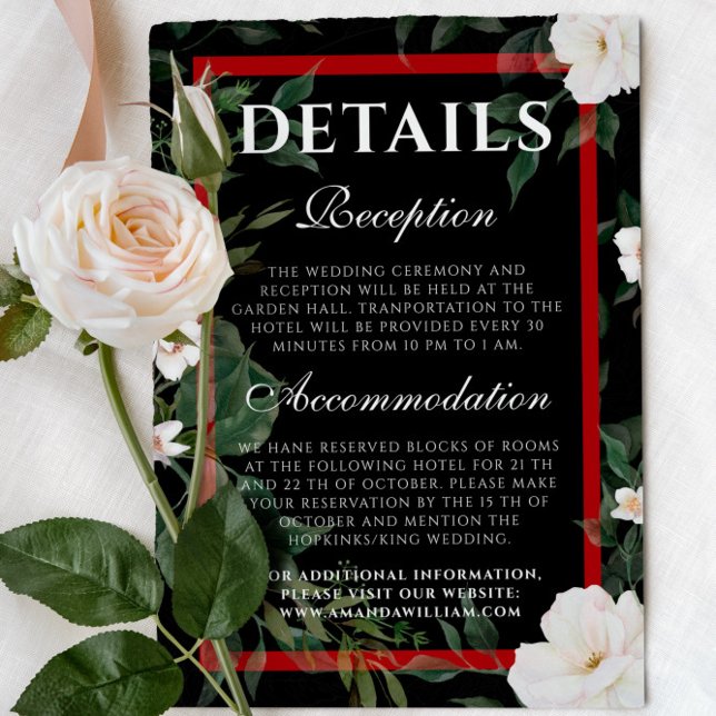 Tarjeta De Recepción Boda Detalles de floral blanca elegante negra y ro (Subido por el creador)