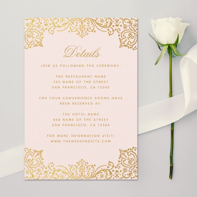 Tarjeta De Recepción Boda Detalles de la época de oro rosado elegante (Subido por el creador)