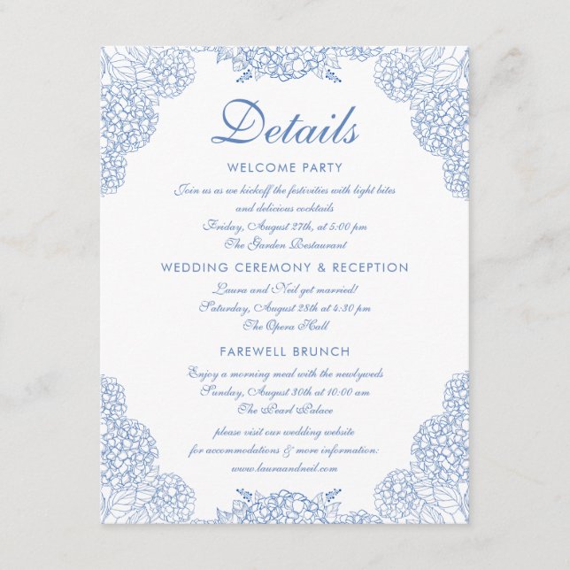 Tarjeta De Recepción Boda Detalles de la Hidrangea moderna Floral azul  (Anverso)