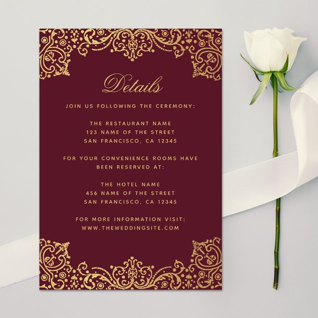 Tarjeta De Recepción Boda Detalles de la Vieja Burgundy Faux Gold (Subido por el creador)