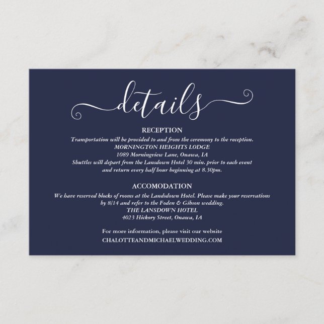 Tarjeta De Recepción Boda Detalles de luces de primavera guión azul de  (Anverso)