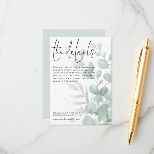 Tarjeta De Recepción Boda Detalles del guión azul de eucalipto (Anverso/Reverso In Situ)