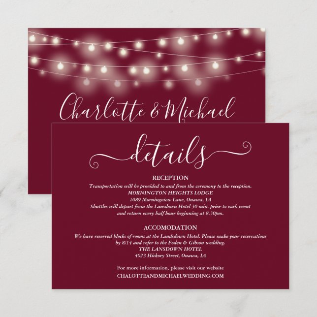 Tarjeta De Recepción Boda Detalles Guión de luces de primavera Borgoña (Anverso / Reverso)