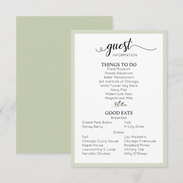 Tarjeta De Recepción Boda Detalles Información del invitado Sage Green (Anverso / Reverso)