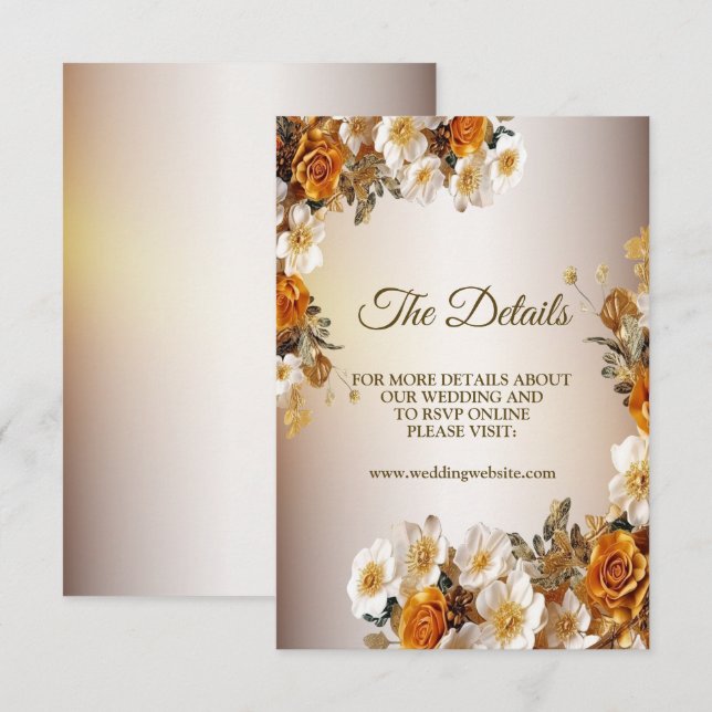 Tarjeta De Recepción Boda Detalles Naranja dorado Flor blanca elegante (Anverso / Reverso)