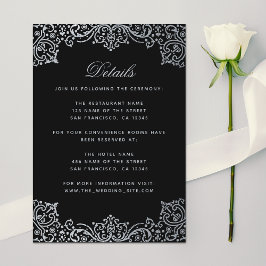 Tarjeta De Recepción Boda Detalles Vintage Black Faux Silver Elegante