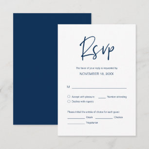 Tarjeta De Recepción Boda Dinner RSVP, opciones de comida, fuente azul