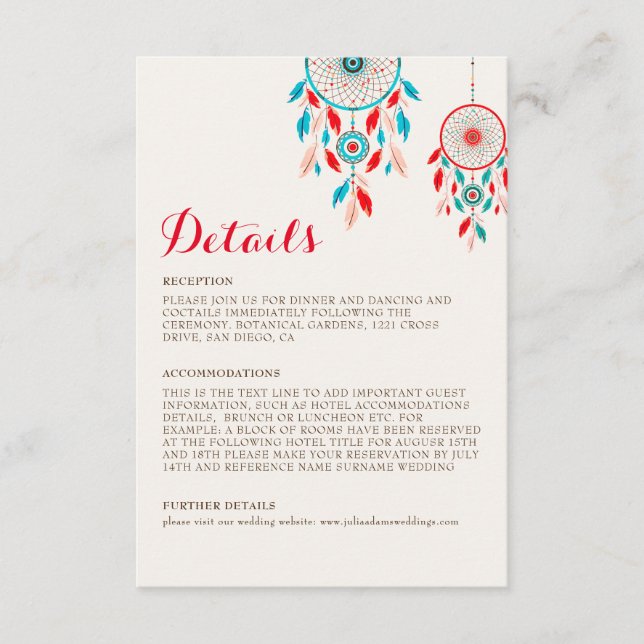 Tarjeta De Recepción Boda Dreamcatcher de la pluma Tribal Boho (Anverso)
