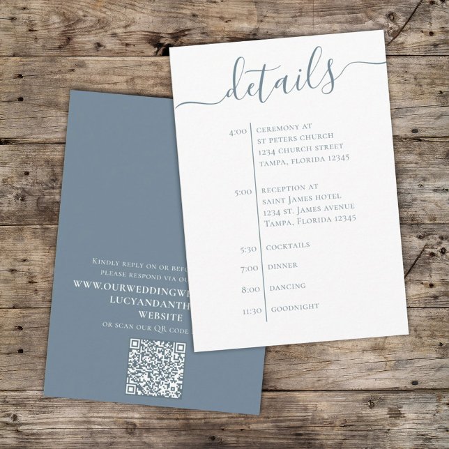 Tarjeta De Recepción Boda Dusty Blue Detalles Código QR Línea de tiempo (Subido por el creador)