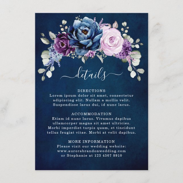 Tarjeta De Recepción Boda Dusty Blue Purple Navy Lilac Blooms (Anverso)