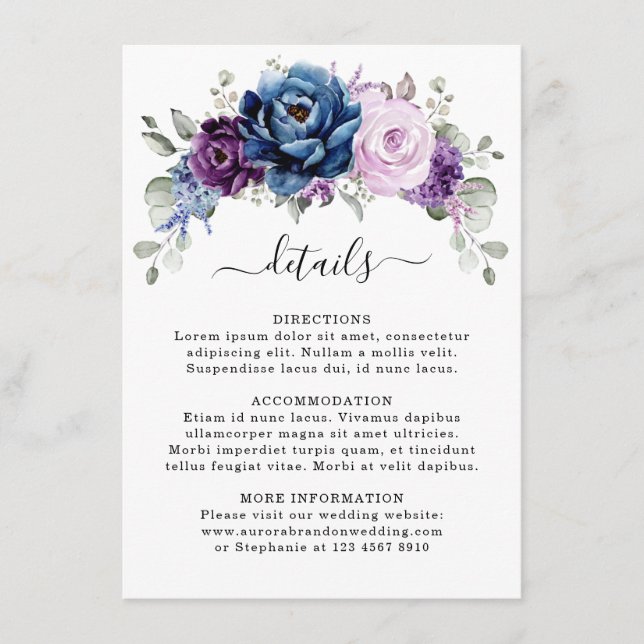 Tarjeta De Recepción Boda Dusty Blue Purple Navy Lilac Blooms (Anverso)