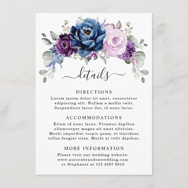 Tarjeta De Recepción Boda Dusty Blue Purple Navy Lilac Blooms (Anverso)