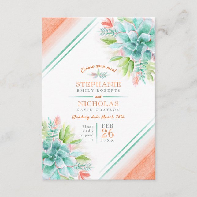 Tarjeta De Recepción Boda elección de comida suculento naranja boda ver (Anverso)