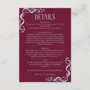 Tarjeta De Recepción Boda elegante Art Nouveau con borgoña y azul polvo