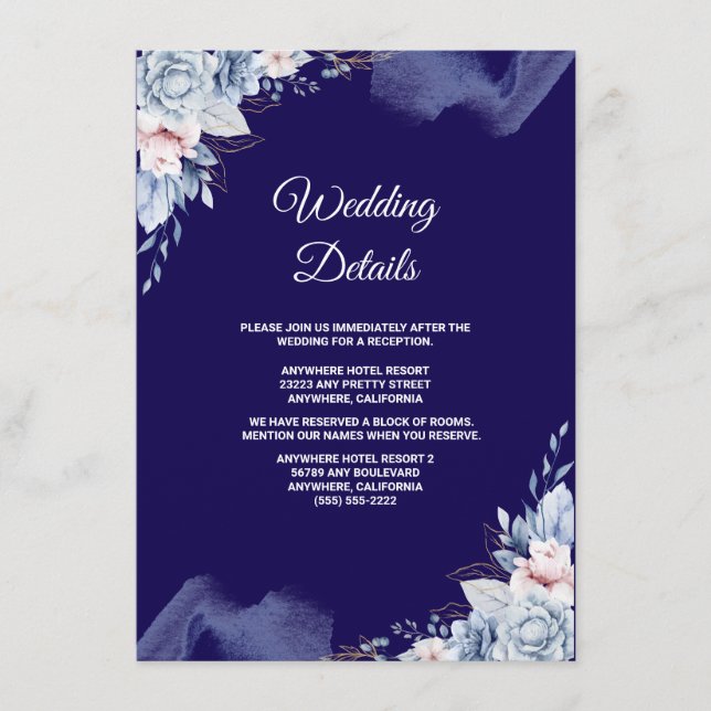 Tarjeta De Recepción Boda elegante azul marino (Anverso)