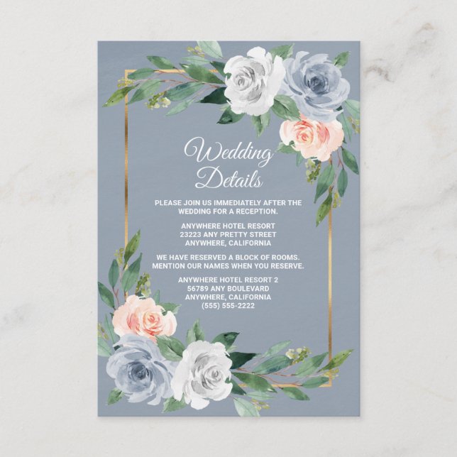 Tarjeta De Recepción Boda elegante azul polvoriento oro rosa melocotón (Anverso)