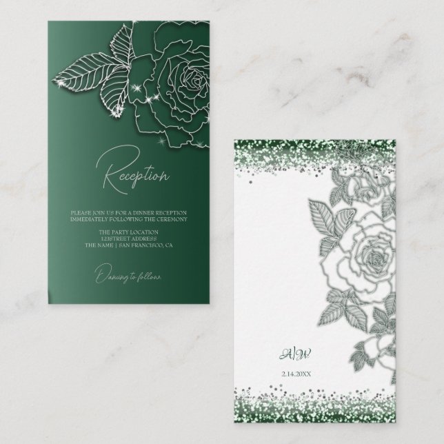 Tarjeta De Recepción Boda elegante con flores de plata verde esmeralda (Anverso / Reverso)