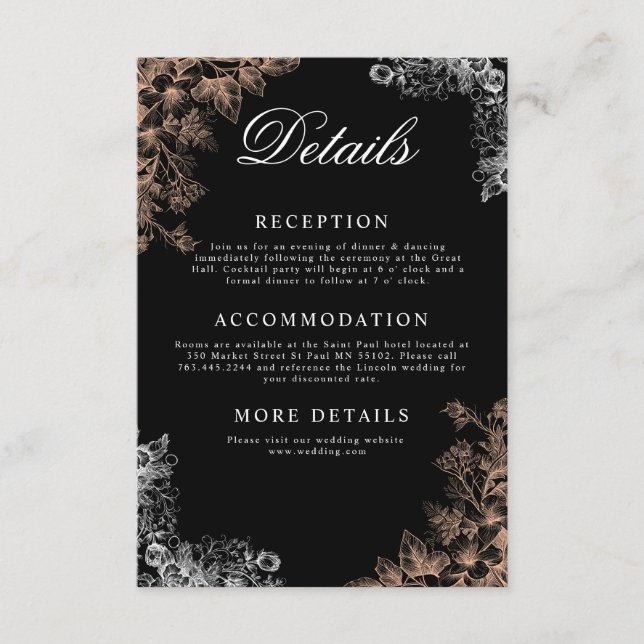 Tarjeta De Recepción Boda elegante con flores oscuras  (Anverso)