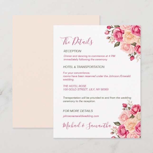 Tarjeta De Recepción Boda elegante con rosa fucsia y rosa marfil (Anverso / Reverso)