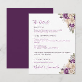 Tarjeta De Recepción Boda elegante con rosas púrpura y marfil
