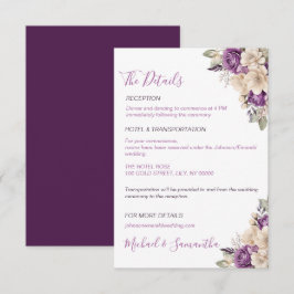 Tarjeta De Recepción Boda elegante con rosas púrpura y marfil