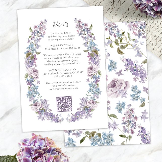 Tarjeta De Recepción Boda elegante de lila (Elegant Lilac Floral Wedding Details Enclosure Card with QR Code by Painted Paperie
)