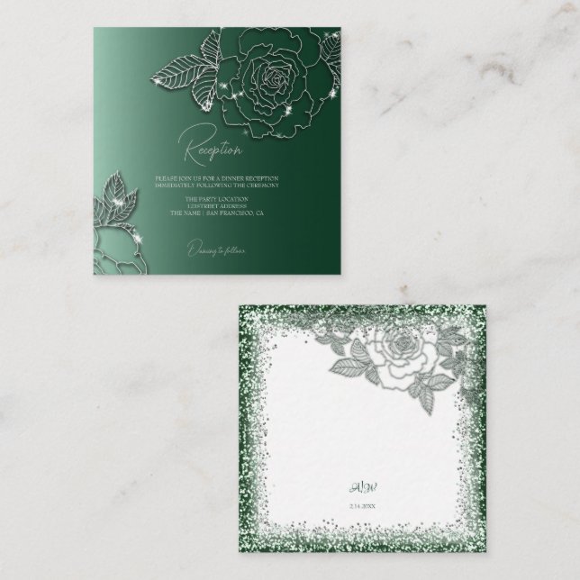 Tarjeta De Recepción Boda elegante de plata y esmeralda perenne (Anverso / Reverso)