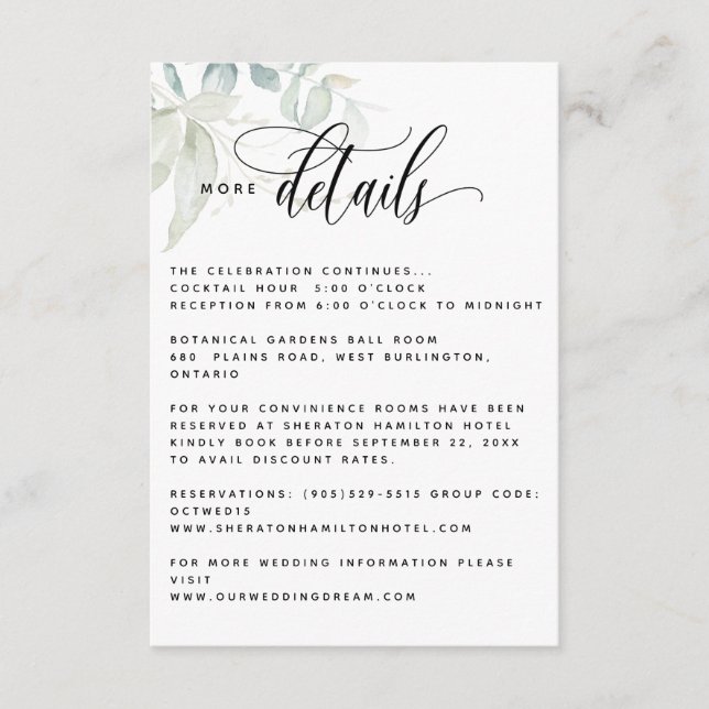 Tarjeta De Recepción Boda elegante de vegetación Información de los inv (Anverso)