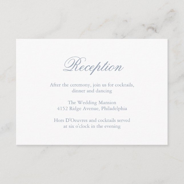 Tarjeta De Recepción Boda elegante formal tradicional azul turbio (Anverso)