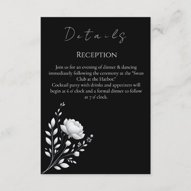 Tarjeta De Recepción Boda elegante moderna Flor blanca y negra (Anverso)