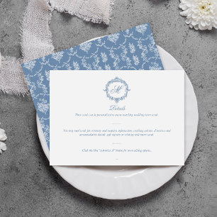 Tarjeta De Recepción Boda Elegante Monograma Vintage Toile Azul