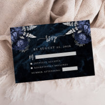Boda elegante RSVP en azul marino y plata con flor