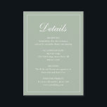 Tarjeta De Recepción Boda elegante tradicional formal Sage Green<br><div class="desc">Tarjeta de gabinete de boda verde sabio de estilo tradicional con un diseño sencillo con "Detalles" en una caligrafía elegante dentro de un borde delgado. La plantilla le permite compartir información importante sobre su día especial. Este diseño clásico es perfecto para un boda formal.</div>