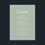 Tarjeta De Recepción Boda elegante tradicional formal Sage Green<br><div class="desc">Tarjeta de gabinete de boda verde sabio de estilo tradicional con un diseño sencillo con "Detalles" en una caligrafía elegante dentro de un borde delgado. La plantilla le permite compartir información importante sobre su día especial. Este diseño clásico es perfecto para un boda formal.</div>