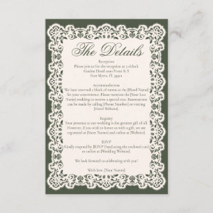 Tarjeta De Recepción Boda Elegante Verde Oliva Encaje Marfil Antiguo