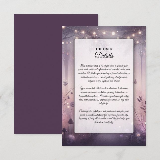 Tarjeta De Recepción Boda en el bosque con luces de hadas etéreas (Anverso / Reverso)