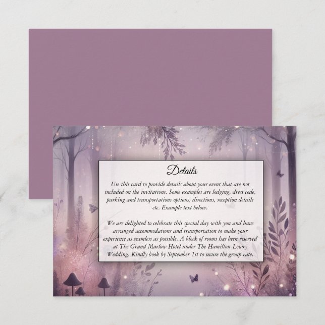 Tarjeta De Recepción Boda en el bosque con luces de hadas etéreas (Anverso / Reverso)
