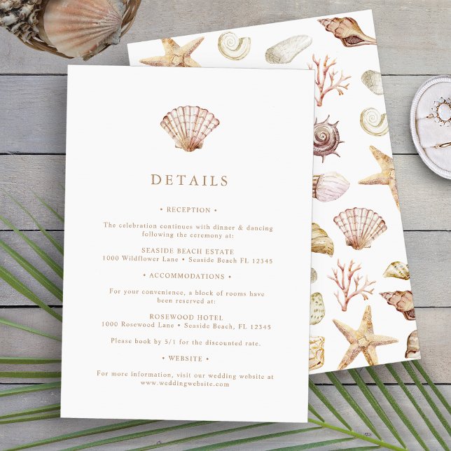 Tarjeta De Recepción Boda en la Playa (Simple Beach Watercolor Seashell Wedding Details Enclosure Card by Painted Paperie
)