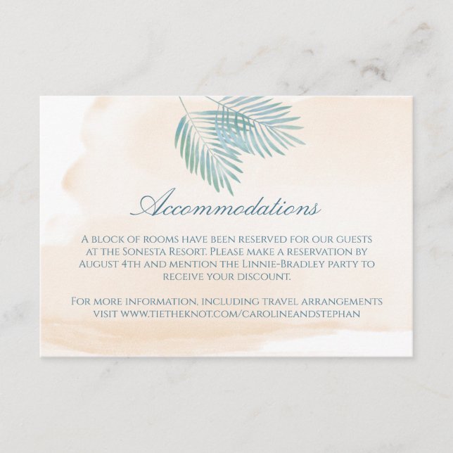 Tarjeta De Recepción Boda en la playa de arena y palmeras (Anverso)