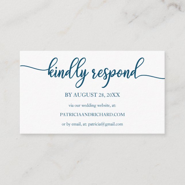 Tarjeta De Recepción Boda en línea RSVP Ocean Blue Caligraphy (Anverso)