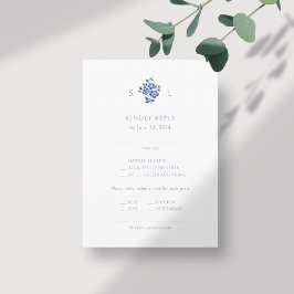 Tarjeta De Recepción Boda en Monograma Floral Azul y Blanco RSVP