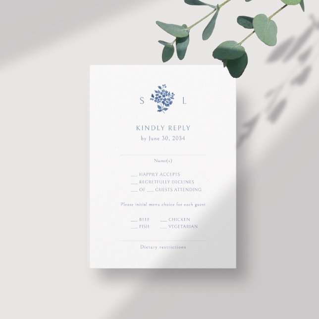 Tarjeta De Recepción Boda en Monograma Floral Azul y Blanco RSVP (Subido por el creador)