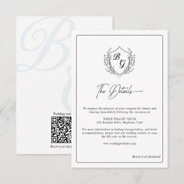 Tarjeta De Recepción Boda escudo Monograma detalles en blanco y negro (Anverso / Reverso)
