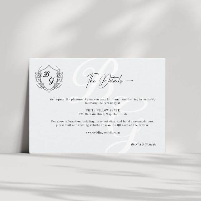 Tarjeta De Recepción Boda escudo Monograma detalles QR en blanco y negr (Subido por el creador)