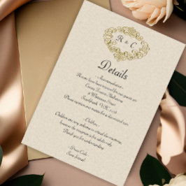 Tarjeta De Recepción Boda Escudo monogramado Beige y Gold Elegance