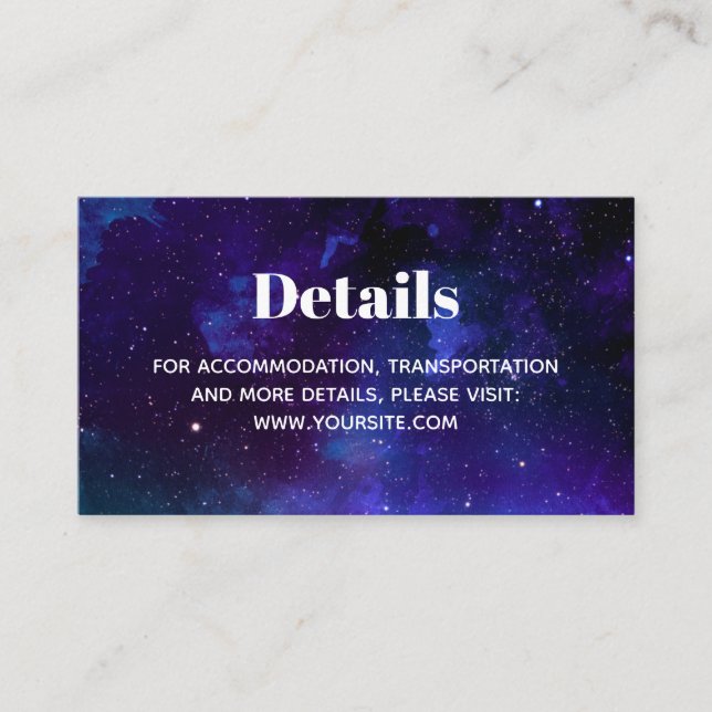 Tarjeta De Recepción Boda espacial. Estrellas nocturnas. Detalles moder (Anverso)